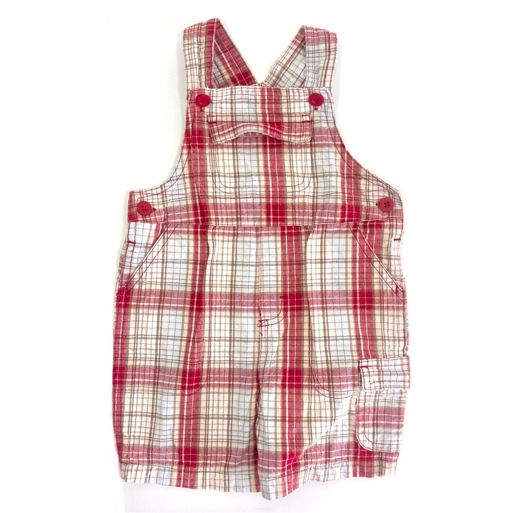 Baby Boy Red Cream Light Blue White Plaid Overalls